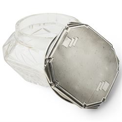 Silver circular teapot on short pedestal foot London 1932 and a glass powder bowl with silver cover Sheffield 1933