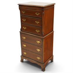 Georgian design mahogany chest-on-chest, fitted with six graduating cock-beaded drawers with satinwood stringing, on bracket feet