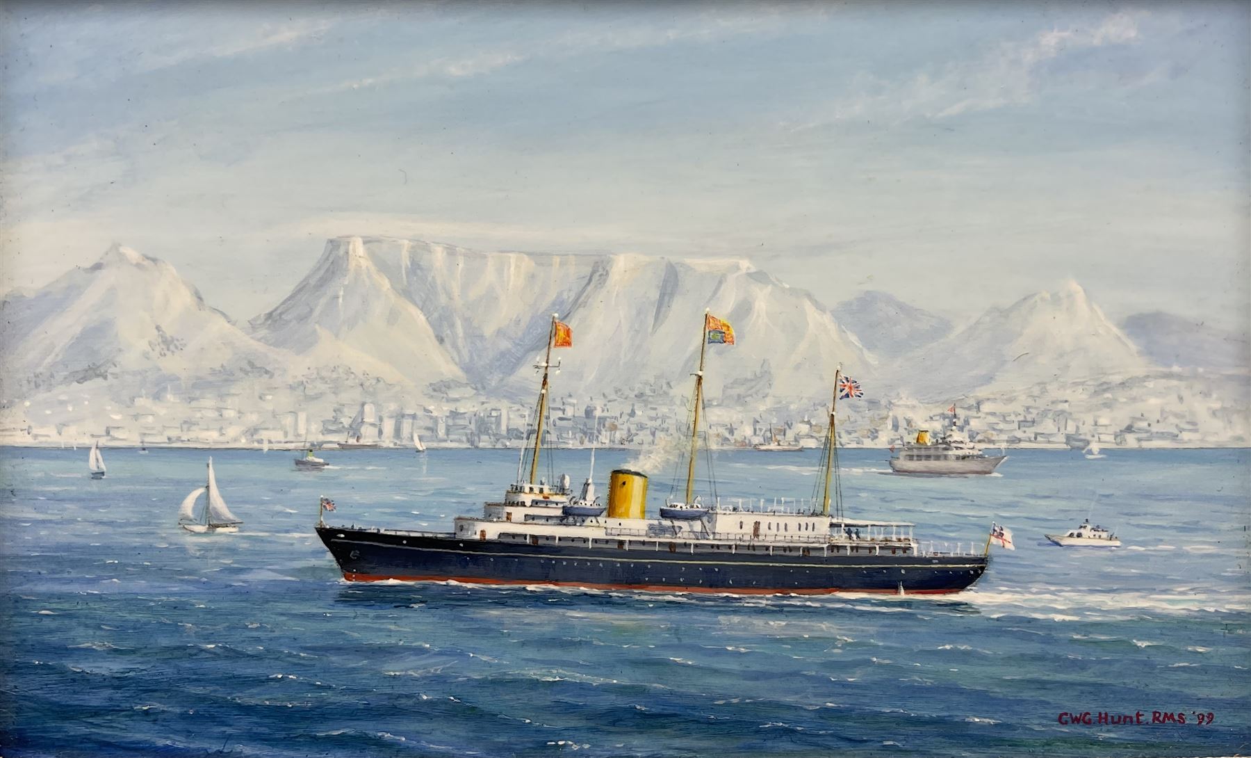 Geoff Hunt RMS (British 1948-): 'HMY Britannia off Table Mountain', oil on board signed and dated '99, titled verso 9cm x 14.5cm