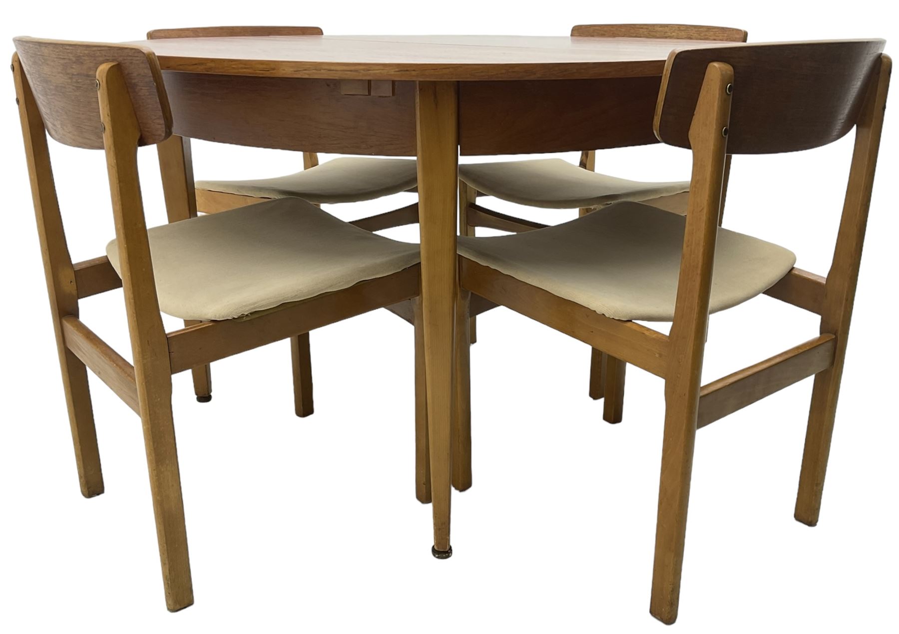G-Plan - mid-20th century teak extending circular dining table, with concealed additional leaf (W114cm, H72cm); and a set of four mid-20th century teak dining chairs, seat upholstered in beige fabric