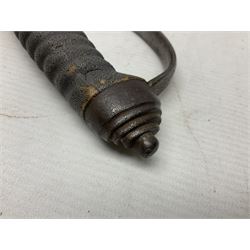 Mid-19th century Custom’s officer/Constabulary sidearm, with plain 60.5cm slightly curving fullered blade double edged at tip,  steel knucklebow and downswept quillon, stepped pommel and ribbed fishskin grip; in leather covered scabbard with steel locket, frog stud and chape L76cm overall