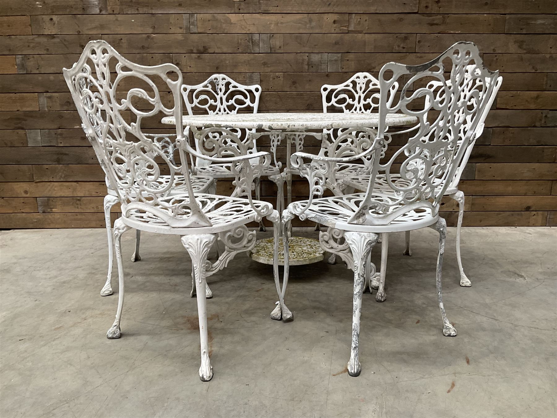 Victorian design cast aluminium circular garden table (D109cm, H72cm) and six armchairs 