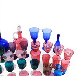 Group of Victorian and later coloured glassware, to include Victorian blue glass flagon, and similar green example, each with metal moulded rim, assorted cranberry, green, amethyst and blue glass drinking glasses, etc., in one box