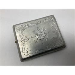 Aluminium cigarette case, by repute made from the R.38. Airship wrecked over Hull August 24th 1921, together with a aluminium matchbox cover, the front inscribed 'R38 WRECKED AT HULL 24 AUG 1921 44 LIVES LOST', the event illustrated verso, (2)