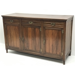  Edwardian walnut sideboard, three drawers above three cupboards with panelled doors, W153cm, H91cm, D53cm  