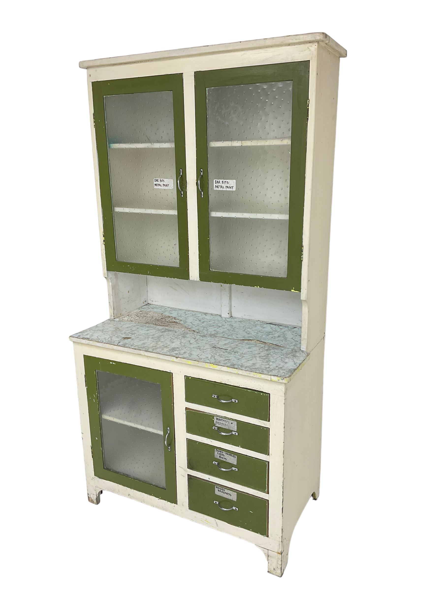 Mid-20th century painted kitchenette, raised glazed cabinet over single glazed door and four drawers