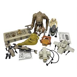 Star Wars - two Speeder bikes; Imperial Shuttle Pod ISP-6; Bossk space ship Cap-2; Rancor Monster; Hoth Wampa Monster; Tauntaun; Armored Sentinel Transport Vehicle AST-5; X-Wing re-fueller with weapon rack; and Jabba The Hutt with accessories; most with instructions