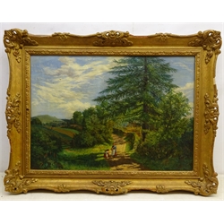  English School (19th century): Foraging Along a County Path, oil on canvas, signed with monogram JT? and dated June. 29.61, 42cm x 59.5cm   
