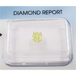 Certified loose fancy coloured cut cornered rectangular brilliant cut diamond, 'natural fancy intense yellow' colour of 0.58 carat, SI1 clarity, with International Gemological Institute report