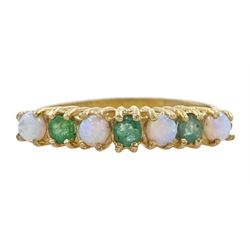 9ct gold seven stone opal and emerald ring, hallmarked