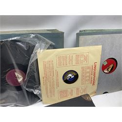 Reproduction Victrola gramophone with brass horn, together with May-Fair Deluxe wind up gramophone and a quantity of vinyl records