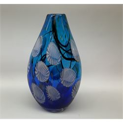 Three pieces of glass: Orrefors, Whitefriars and Murano
Large blue glass vase of tapered form, together with Orrefors blue glass Fuga bowl, Whitefriars style spherical form glass vase, with spiralled decoration and another glass vase with trumpet neck
