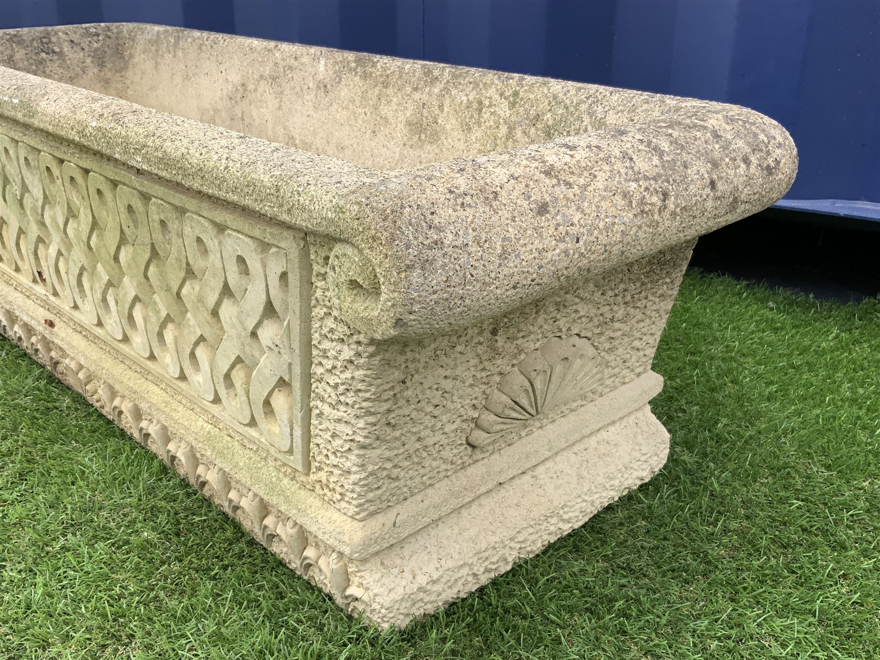 Cotswold Studios Ltd - rectangular garden planter, tapering form with crossover lattice scroll decoration  - THIS LOT IS TO BE COLLECTED BY APPOINTMENT FROM DUGGLEBY STORAGE, GREAT HILL, EASTFIELD, SCARBOROUGH, YO11 3TX