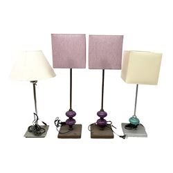 Pair of table lamps, the stems with purple knops and fabric shades, together with another similar turquoise example and further table lamp (4)