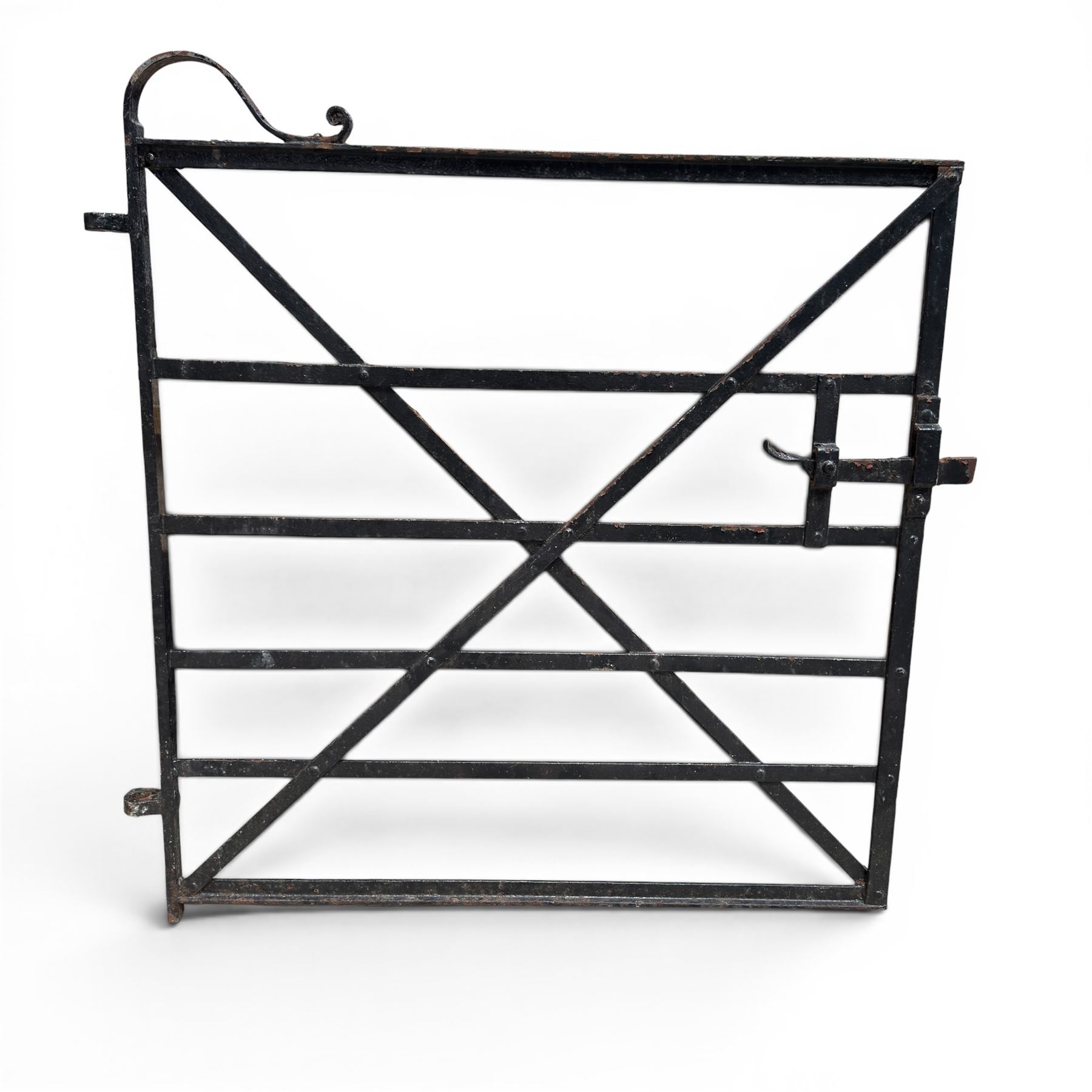Georgian wrought iron single strapwork gate of small proportions, with scroll design and hinged latch