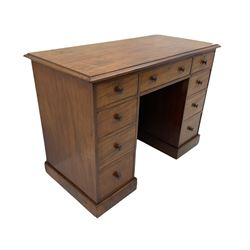 Victorian mahogany kneehole desk, the moulded rectangular top over nine drawers, skirted base and panelled back