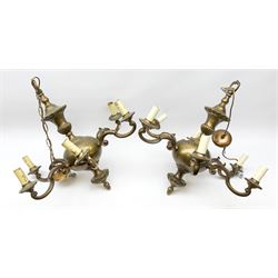 Pair of bronzed metal six-branch chandeliers of Dutch 17th century style, each with bulbous knopped column, hung with scrolling branches and dish pans, H66cm 