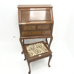 Chinese hardwood bureau, fall front enclosing fitted interior, two short and one long drawer, cabriole legs (W74cm, H105cm, D46cm) and a stool