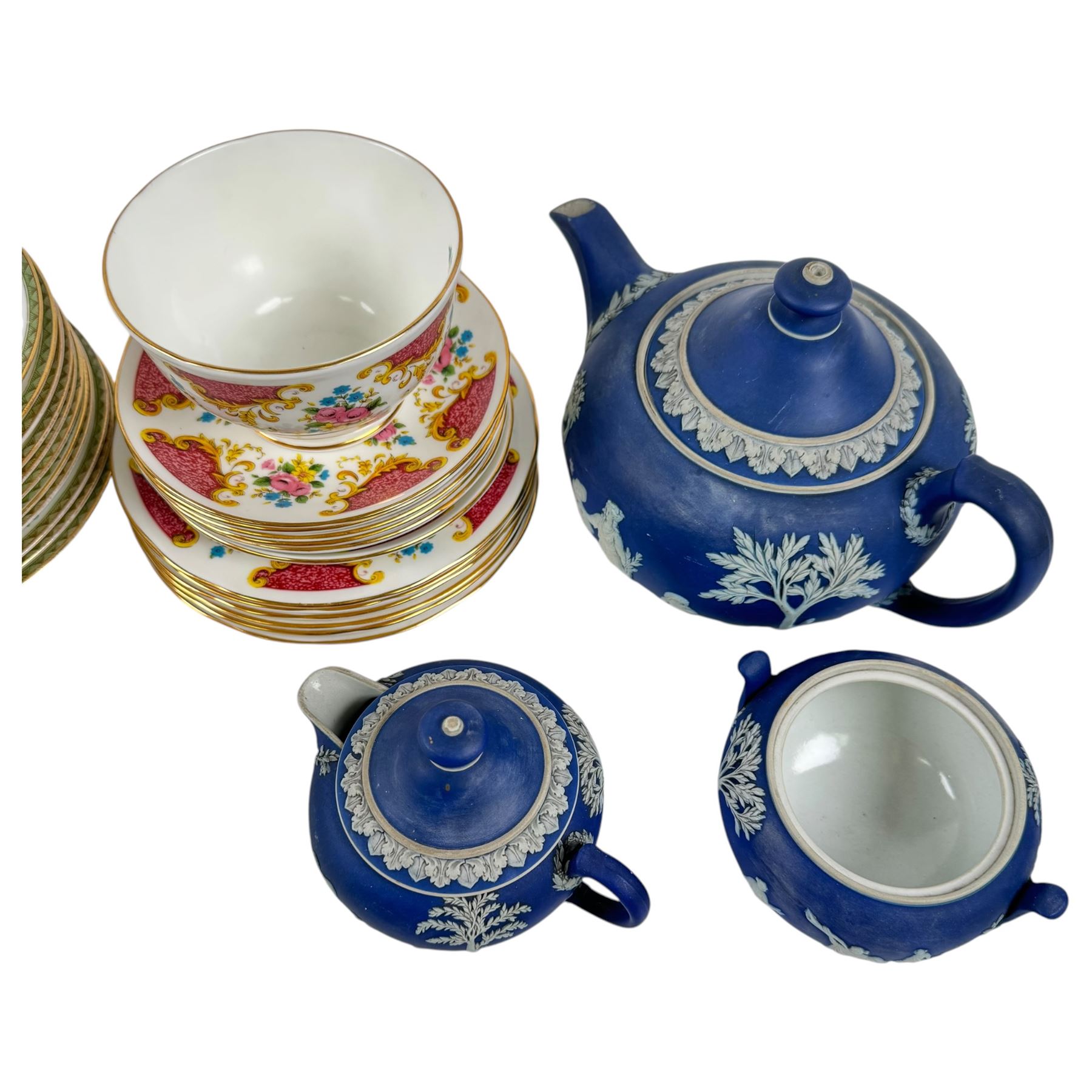 Collection of tea service ceramics, to include Wedgewood Jasperware teapot, milk jug and sugar bowl, together with Royal Albert Lady Carlyle teapot and a large collection of Royal Sutherland and Adderley's teacups and saucers