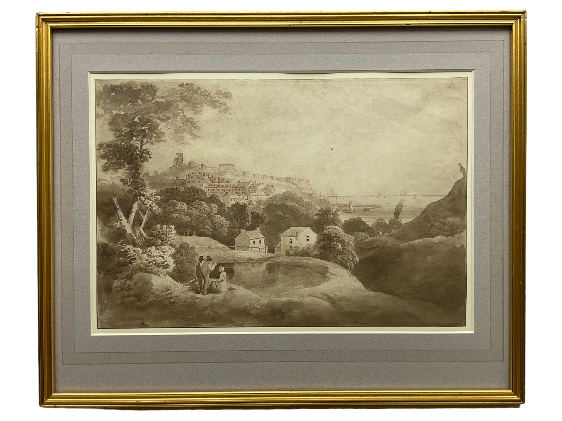 Alfred Nicholson (British 1788-1833): 'Scarborough from the Southwest', pencil ink and sepia wash unsigned, on 1820 watermarked paper 
Provenance: private local collection, purchased Woolley & Wallis 28th September 2011 Lot 128; by descent through the artist's family. 
Literature: illus. G H Bell, ed. (2012) 'Francis Nicholson (1753-1844) Painter, Printmaker and Drawing Master', Blackthorn Press, p.32 
Notes: the present picture is after a lithograph by the artist's father, Francis Nicholson, printed by Charles Joseph Hullmandel (1789-1850) pub. Rodwell and Martin, London 1822; illus. G H Bell (2012) 'Francis Nicholson, Lithographs and Engravings of Georgian Britain', Blackthorn Press, plate 24