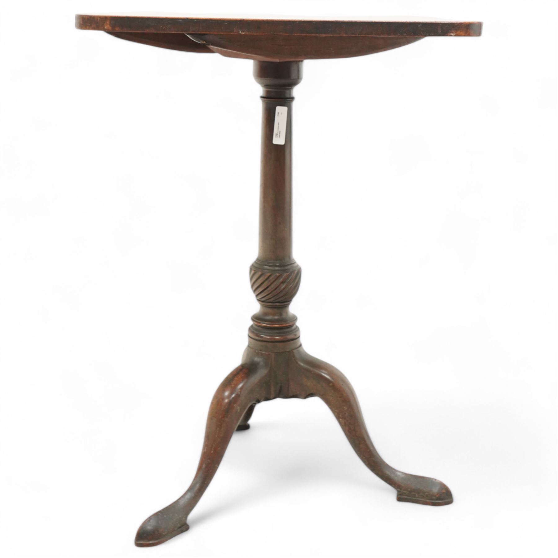 George III mahogany tripod table, square tilt-top with rounded corners, turned pedestal with twist baluster on three out-splayed supports (51cm x51cm, H71cm); together with another tripod table (63cm x 59cm, H70cm)