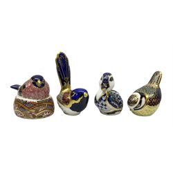 Four Royal Crown Derby paperweights, comprising Sitting Duckling, Fairy Wren, both with gold stoppers, Bullfinch Nesting and Blue Tit, both with silver stoppers 
