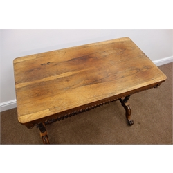  Regency rosewood rectangular centre table, barley twist supports joined by single stretcher, scroll carved feet on castors, W91cm, H73cm, D50cm  