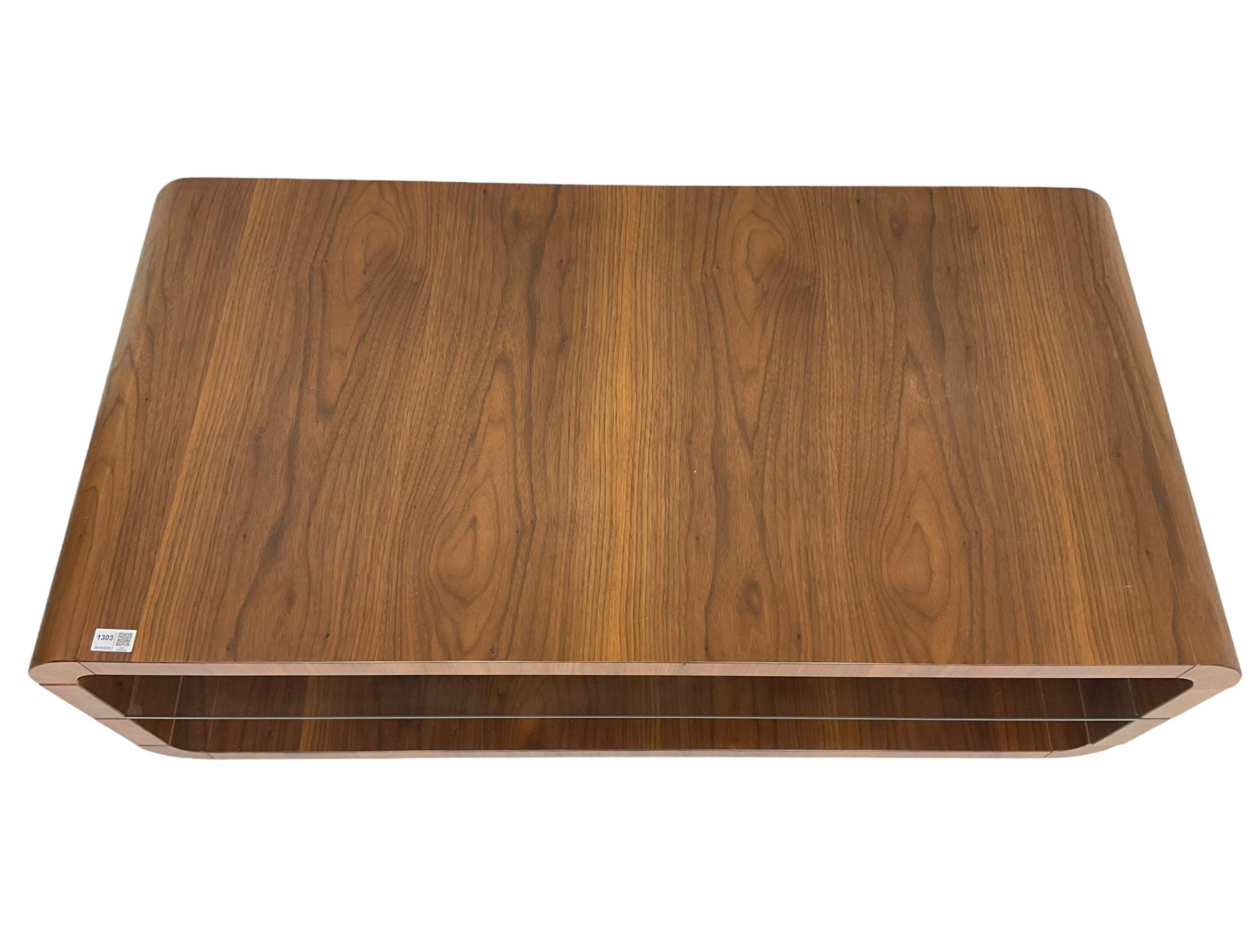 Contemporary walnut coffee table, curved rectangular form, fitted with central glass shelf