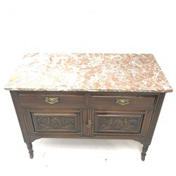 Edwardian marble top washstand, two drawers above two cupboards on turned supports, W108cm, H79cm, D52cm