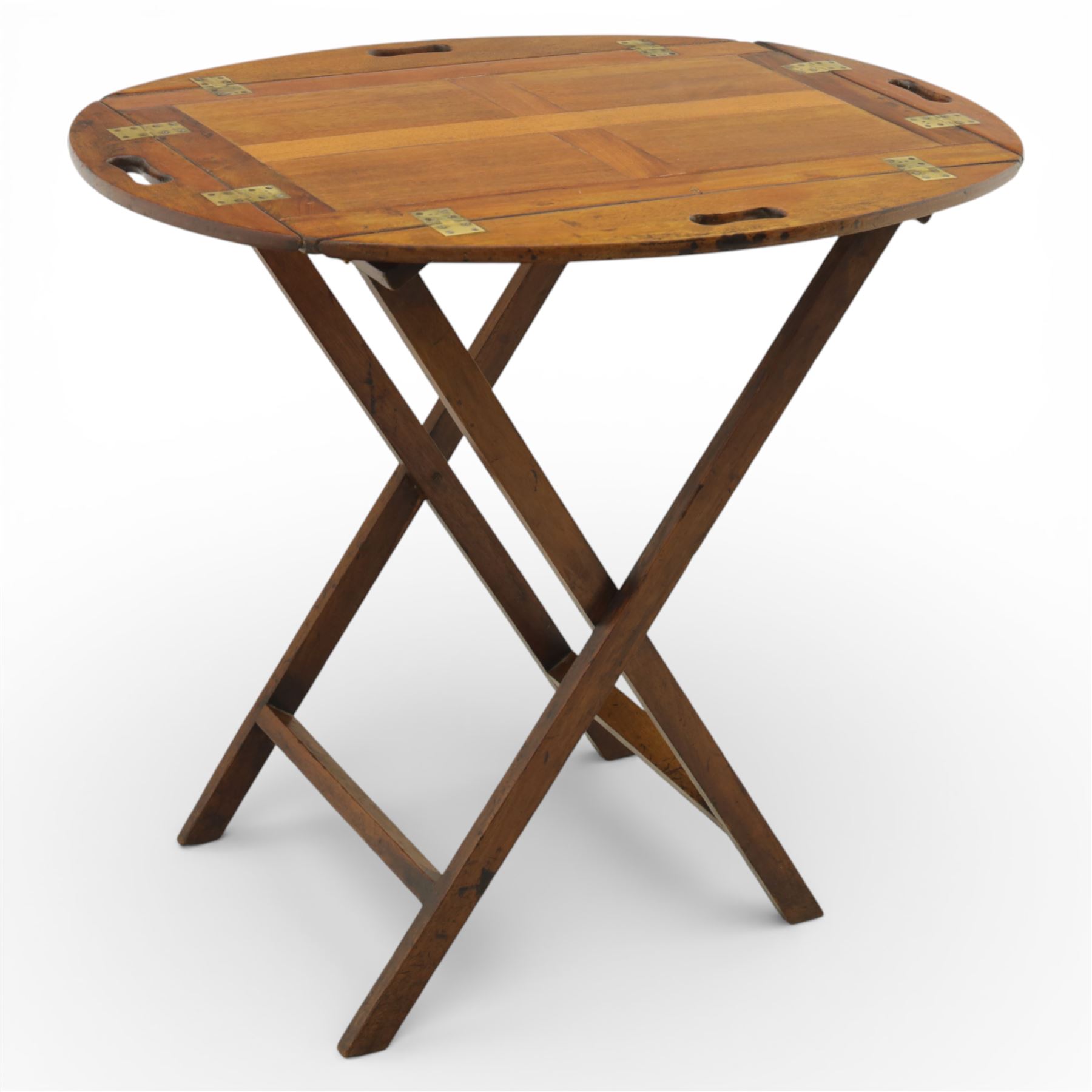 Mid 19th century mahogany butler's tray and stand, the rectangular tray with curved folding handles, opening flat, supported upon an X frame stand  