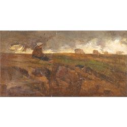 English School (19th Century): Figure and Cows on a Stormy Moorland, oil canvas laid onto ...