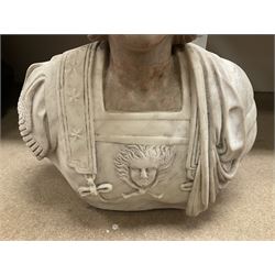 19th century marble and alabaster bust, modelled as a Roman warrior, total H68cm