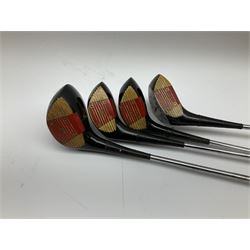 Golf - three early 20th century hickory shafted irons marked R. Simpson, Harrods Ltd etc; child's wooden shafted putter; two transitional wood grain steel shafted irons, one marked Tom Morris; and set of four Macgregor Tommy Armour woods (10)