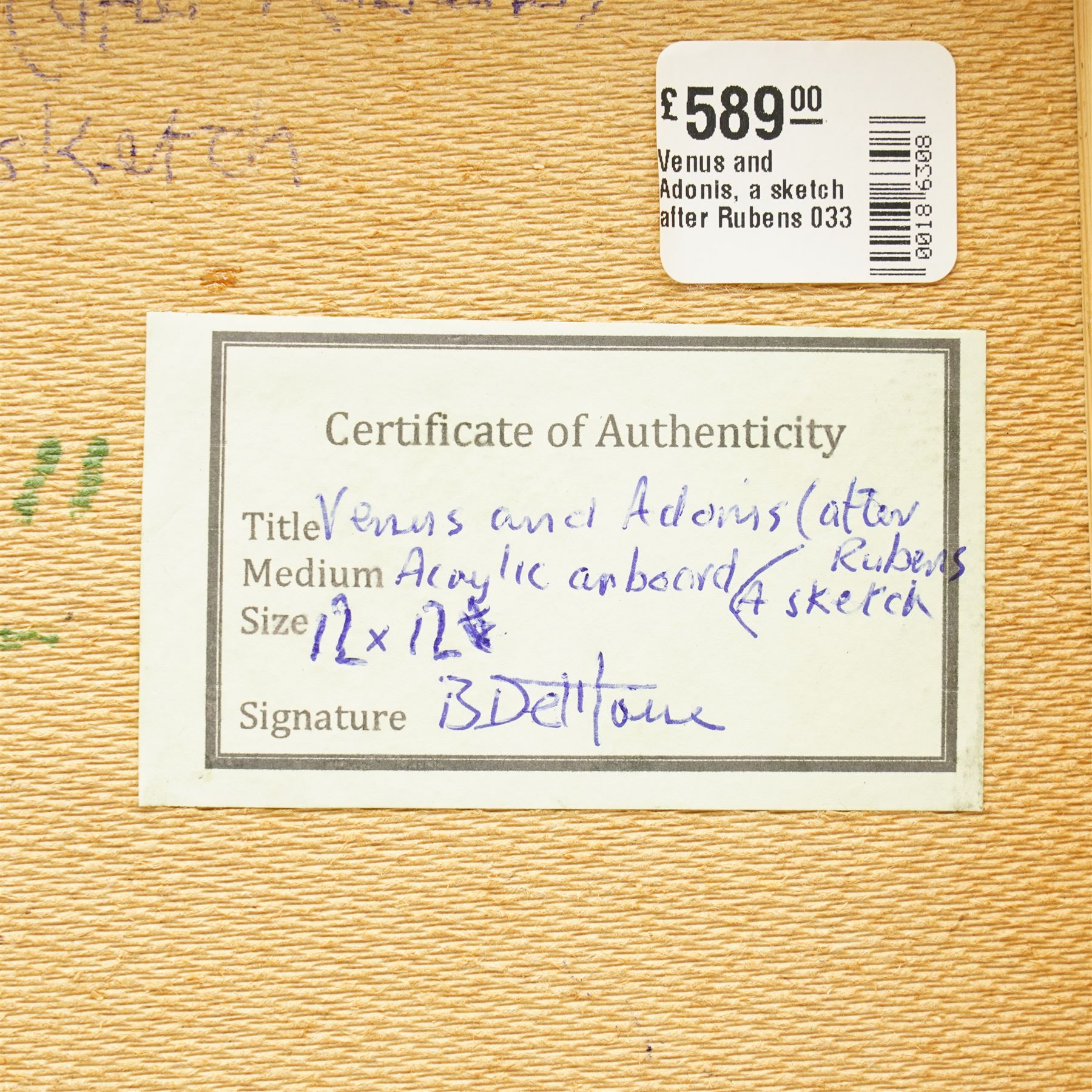 Barry De More (Yorkshire 1948-2023) after Peter Paul Rubens (Flemish 1577-1640): 'Venus and Adonis (a sketch)', acrylic signed and inscribed verso 30cm x 31cm
Notes: Acclaimed as one of the North's greatest expressionist artists, Barry De More (1948-2023) used a heavy impasto style to transfer his love of Yorkshire landscapes, townscapes and people to canvas. His work sits comfortably in the company of work by Kossoff and Auerbach, selling to collectors in the UK and overseas. De More's work can be found in the permanent collection of work by Northern Artists at Dean Clough, one of the UK's largest contemporary art galleries.