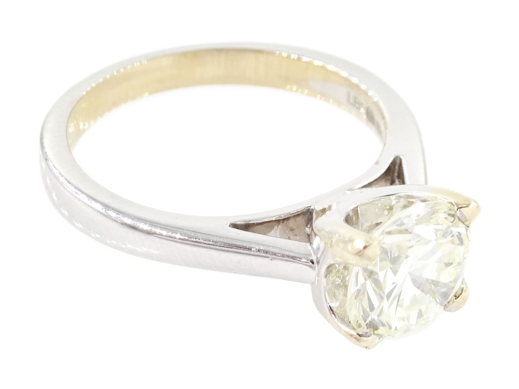 18ct two tone gold diamond ring, single round brilliant cut diamond of approx 1.70 carat, in a four claw setting, hallmarked