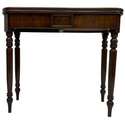 Victorian mahogany tea table, rectangular swivel fold-over top with rounded corners, on ring turned supports 