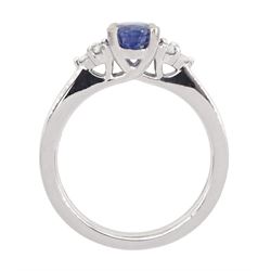 Platinum oval cut sapphire and six stone round brilliant cut diamond ring, hallmarked, sapphire approx 0.90 carat