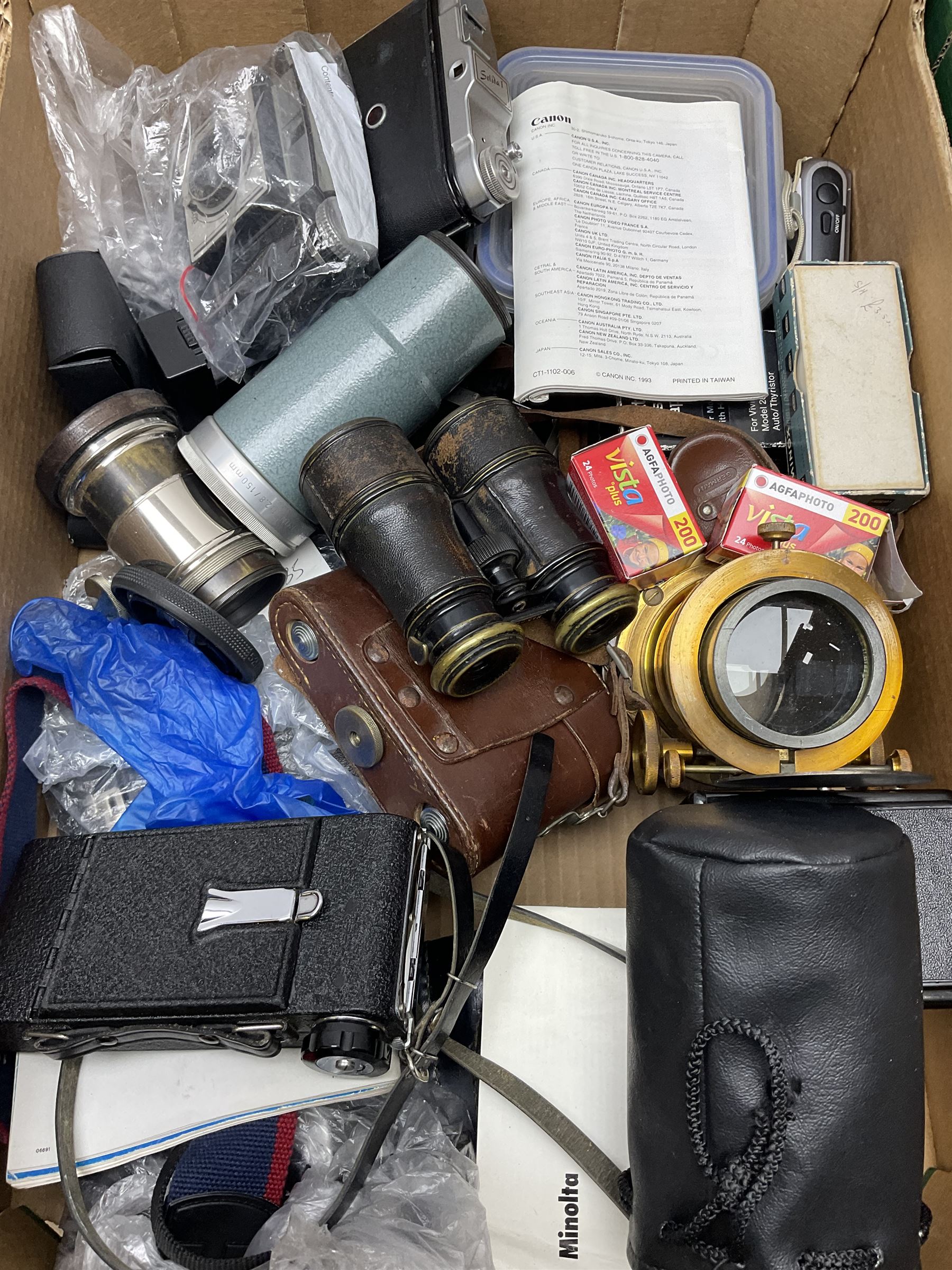 Vintage and later cameras and acessories including Yashica FX-D quartz with Yashica 'ML 50mm 1:2' lens, Kershaw eight-20 Penguin folding camera, 
 box cameras etc, various lenses including Tokina SD '70-210mm 1:4-5.6' etc and other camera related items, all untested, in two boxes