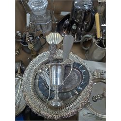 Small collection of silver comprising trophy, fruit knife, spoon, sugar tongs and silver handled hook and shoe horn, together with a silverplated epergne and other metalware
