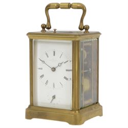 French- late 19th century 8-day  twin train corniche carriage clock with hour repeat and alarm, four bevelled glass panels and oval inset viewing glass to the top, enamel dial with Roman numerals, minute markers and fine moon hands, with alarm setting dial and indistinct London retailers name, movement with original jewelled and silvered lever platform escapement and rack striking, sounding the hours and alarm on a single rear mounted bell. With key.