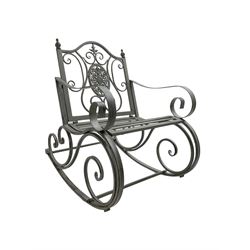 Regency design wrought metal rocking garden bench armchair, pierced back with scroll desig...