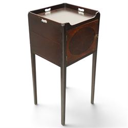 George III mahogany bedside pot cupboard, rectangular tray top with raised three-quarter gallery with pierced handles, fitted with single cross-banded cupboard, on square tapering supports