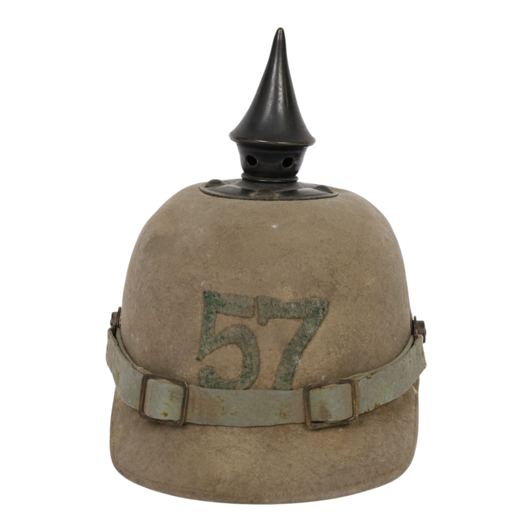 WWI Prussian 57th regiment Ersatz felt Pickelhaube, the grey felt skull with steel spike finial, stitched with green felt 57, chin strap, one side with a black cockade, the other black and red