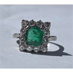 18ct white and yellow gold emerald and diamond cluster ring, single octagonal cut emerald of approx 1.55 carat, surrounded by twelve round brilliant cut diamonds, total diamond weight approx 0.95 carat