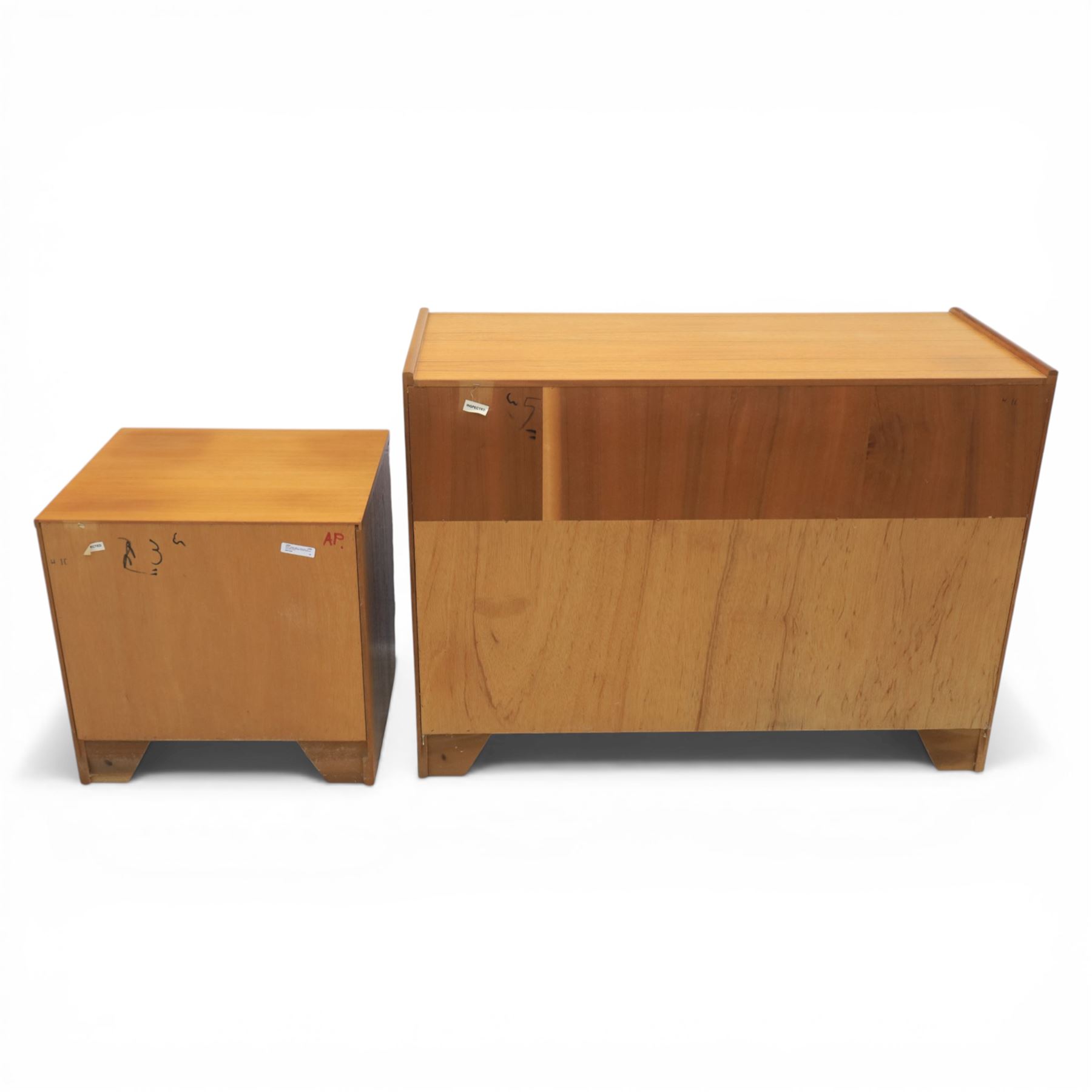 Nathan - teak sideboard and lamp table, both with signature square panelling, raised on a recessed plinth base (Lamp table H 51cm, D 46cm, W 52cm)