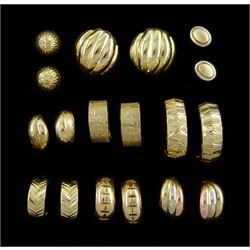 Six pairs of gold hoop earrings and three other pairs of gold stud earrings, all 9ct