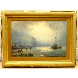 William Anslow Thornley (British fl.1858-1898): 'Scarborough' Figures and Boats on the Foreshore, oil on panel signed and titled 20cm x 30cm