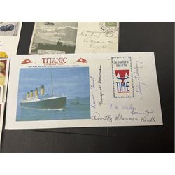 1911 Coronation First UK Aerial Post postcard; three Titanic related FDCs including one signed by survivor Beatrice Sandstrom; and eleven other FDCs signed by Vera Lynn (4), cast of Last of the Summer Wine, David Attenborough, Bill Beaumont etc