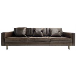 Ralph Lauren - three seat sofa, upholstered in buttoned brown leather with additional cushions, on turned brushed metal feet