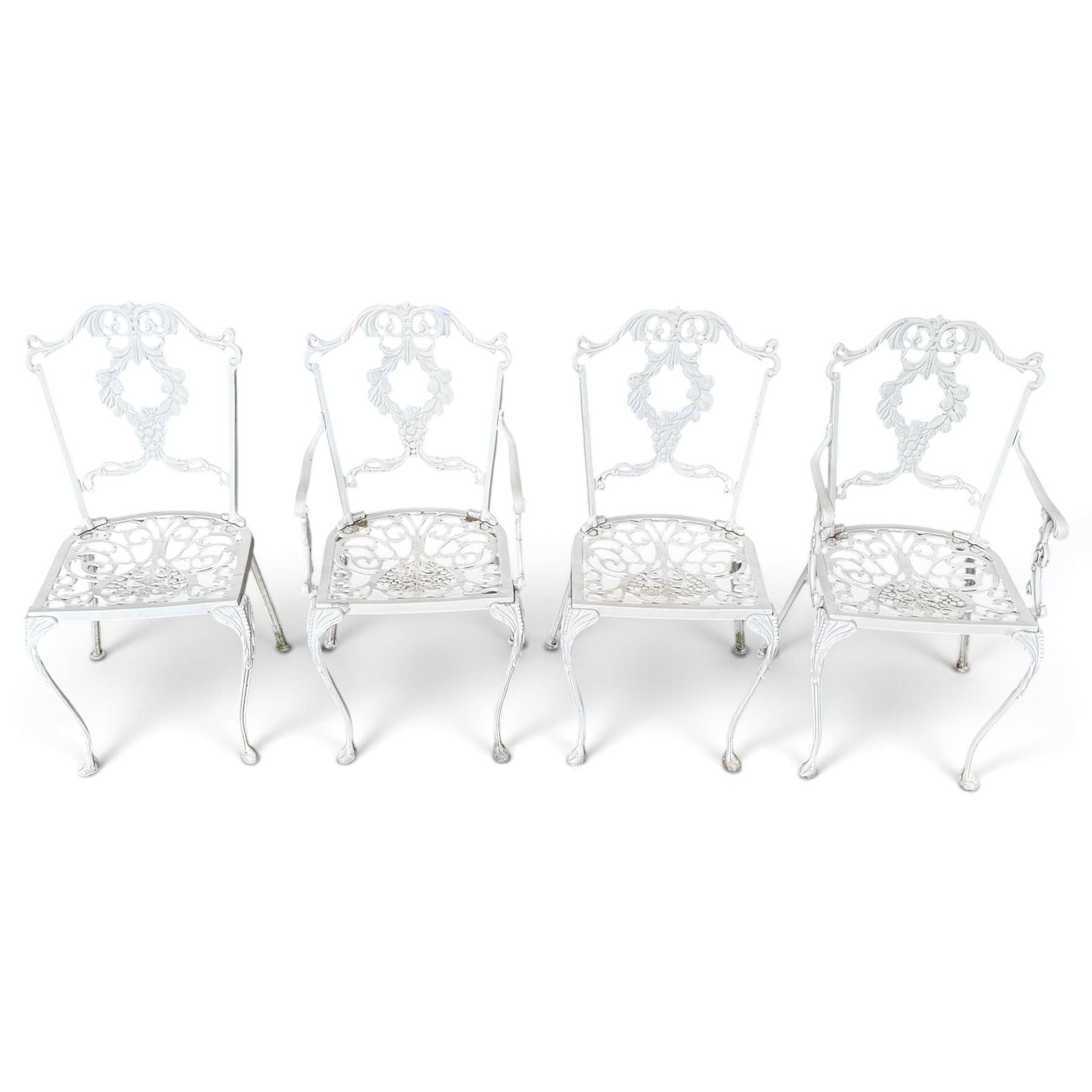 Regency design white-painted aluminium garden table, square pierced top with scrolling acanthus leaf decoration, splayed supports joined by pierced circular under-tier (W75cm H72cm), the chairs with scrolling and floral garland design backs over pierced foliate seats with cabriole supports (W48cm H90)